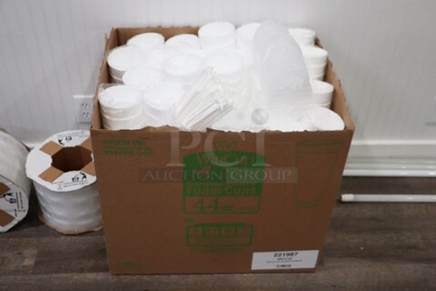Large Box of Foam Cups, Lids and Straws