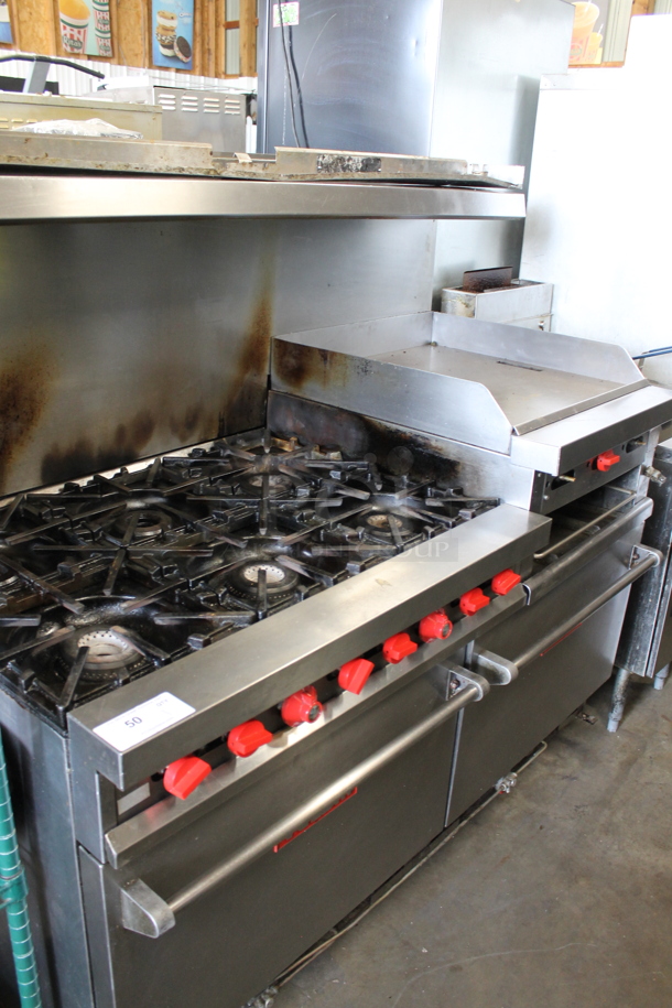 Vulcan Stainless Steel Commercial Natural Gas Powered 6 Burner Range w/ Flat Top, 2 Ovens, Over Shelf and Back Splash.  - Image 1 of 11