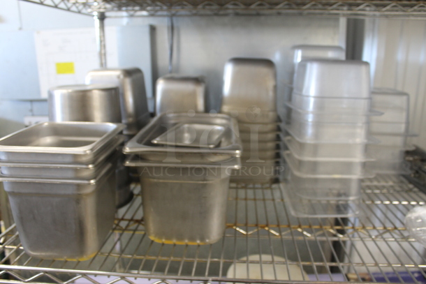 ALL ONE MONEY! Lot of Plastic And Stainless Steel Drop In Bins In Variety of Sizes, Yellow Circular Lids, Plastic Rectangular Lids, Rice Cooker, Baking Sheets, Small Strainers, AND MORE!  - Image 5 of 12