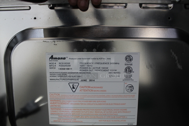 2014 Amana RCS10DSE Stainless Steel Commercial Countertop Microwave Oven. 120 Volts, 1 Phase.  - Image 4 of 4