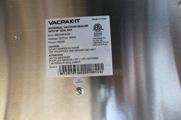 BRAND NEW SCRATCH AND DENT!  VACPAK-IT 186VME16SS Commercial Stainless Steel Electric Countertop External Vacuum Sealer With 16" Seal Bar. 120V. Tested And Working! - Image 8 of 9