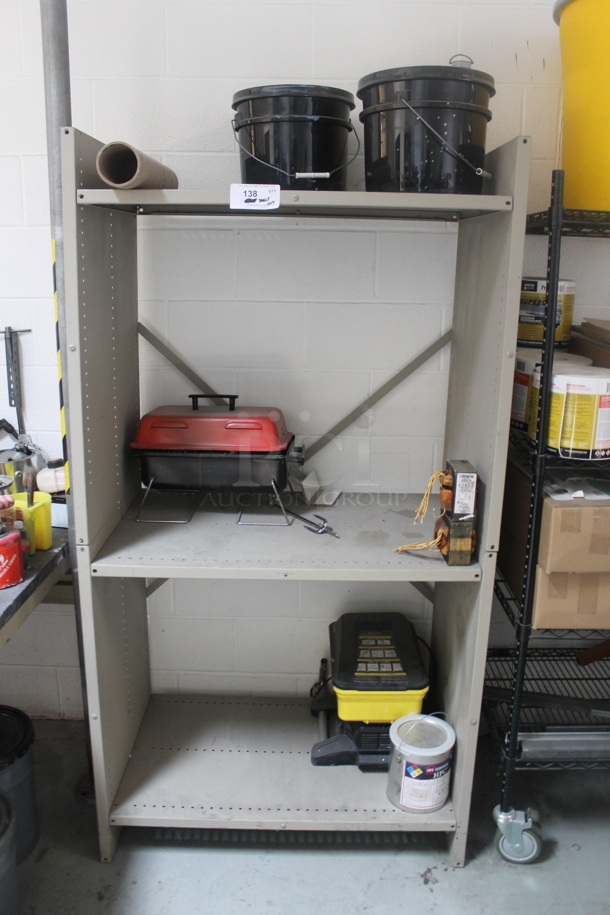 Gray Metal 3 Tier Shelving Unit w/ Contents Including Buckets. BUYER MUST REMOVE. - Image 1 of 4