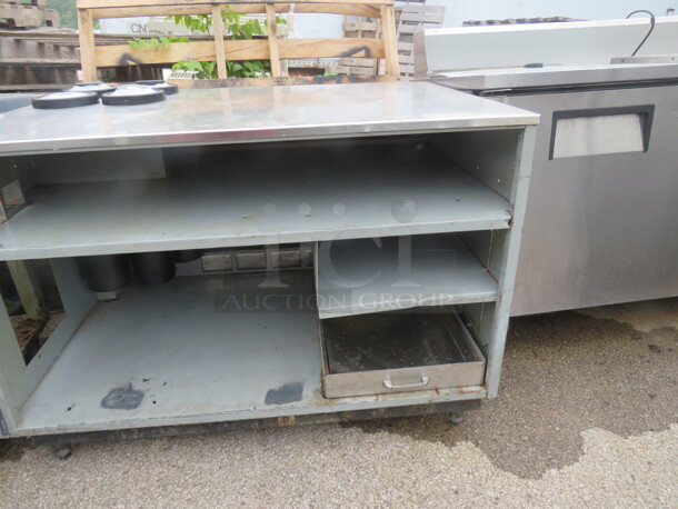 One Stainless Steel Drink Table With 2 Under Shelves, 1 Drawer, And 4 Spring Loaded Cup Dispensers. 49X34.5X34 - Image 2 of 3