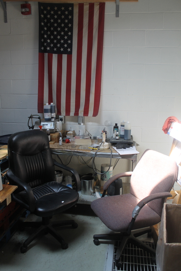 ALL ONE MONEY! Lot of Various Items Including 2 Office Chairs, Table and Flag. BUYER MUST REMOVE. - Image 1 of 8