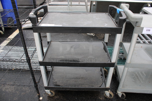 Black and Gray Poly 3 Tier Cart w/ Push Handles on Commercial Casters. 31x16x36