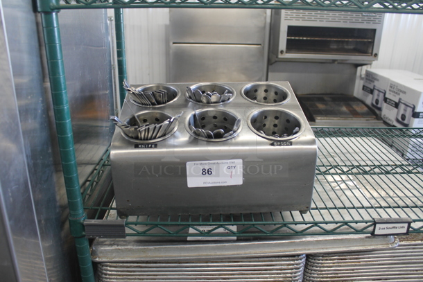 Commercial Stainless Steel Countertop Flatware Holder With 6 Cylinders, Includes Some Flatware.