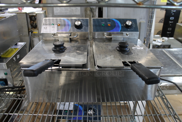 BRAND NEW SCRATCH AND DENT! 2023 Hoocoo FRY-20L Stainless Steel Commercial Countertop Electric Powered 2 Bay Deep Fat Fryer w/ 2 Metal Baskets and 2 Lids. 120 Volts, 1 Phase. - Image 1 of 8