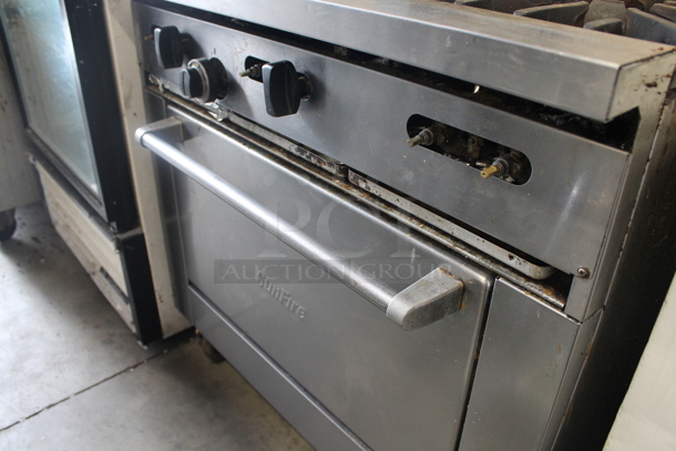 Stainless Steel Commercial Natural Gas Powered 6 Burner Range w/ Oven, Over Shelf and Back Splash on Commercial Casters. - Image 4 of 6