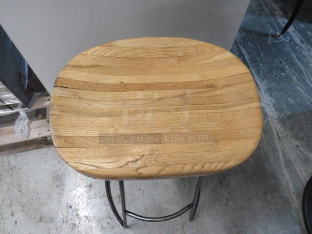 Bar Stool With A Wooden Butcher Block Seat On A Black Metal Base. 2XBID - Image 2 of 2