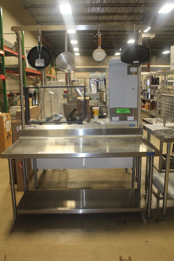 NEW! Universal Stainless Custom Commercial Stainless Steel Work Table With Backsplash, Undershelf And Pot Rack. 60x30x81. Pots Not Included. 