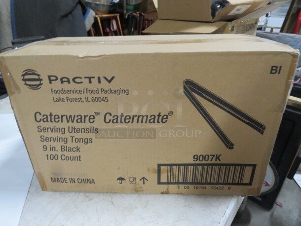 One Case Of 100 NEW PACTIV Catermate  9 Inch Black Poly Serving Tongs. - Image 1 of 1