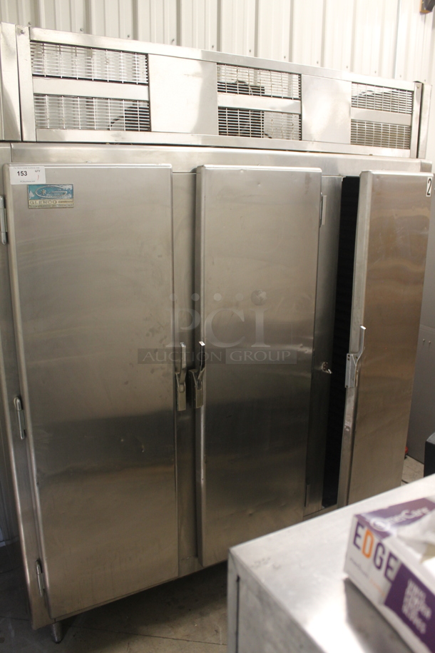 Glenco Guardian Commercial Stainless Steel 3-Door Reach-In Cooler With Pan Racks On Galvanized Legs. 115V, 1 Phase. Cannot Test Due To Plug Style