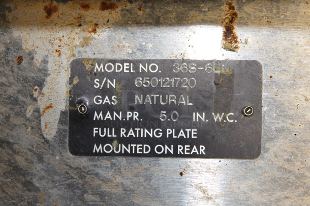 LATE MODEL! Vulcan 36S-6BN Stainless Steel Commercial Natural Gas Powered 6 Burner Range w/ Oven, Over Shelf and Back Splash. - Image 10 of 12