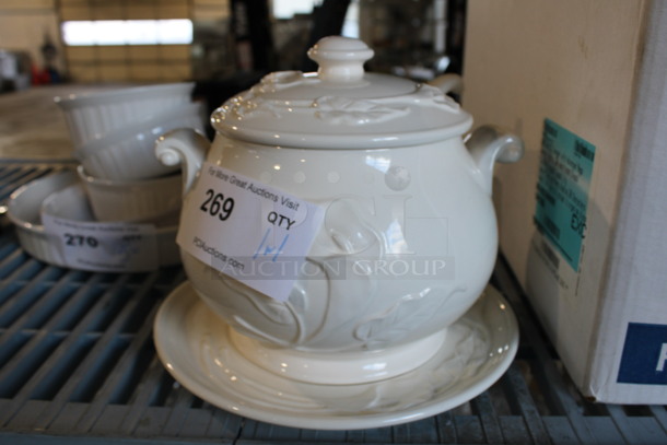 White Ceramic Pot w/ Lid on Saucer. 10x10x9