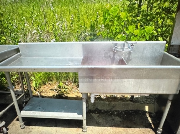 One Stainless Steel 2 Compartment Sink With Faucet, Under Shelf, And Left Side Drain Board. 80X27X42