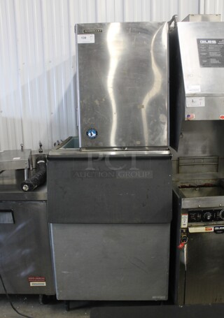 Hoshizaki KM-500MWH Stainless Steel Commercial Ice Machine Head on Commercial Ice Bin. 115-120 Volts, 1 Phase.