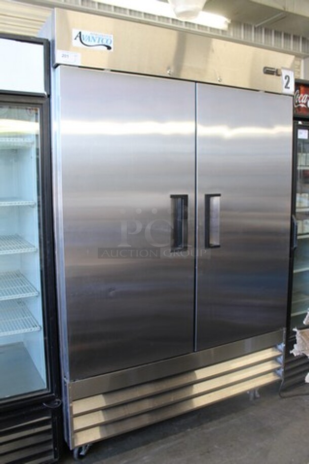 Avantco 178A49RHC Stainless Steel Commercial 2 Door Reach In Cooler w/ Poly Coated Racks on Commercial Casters. 115 Volts, 1 Phase. Tested and Working!