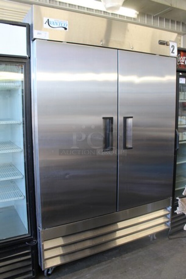 Avantco 178A49RHC Stainless Steel Commercial 2 Door Reach In Cooler w/ Poly Coated Racks on Commercial Casters. 115 Volts, 1 Phase. Tested and Working! - Image 1 of 5