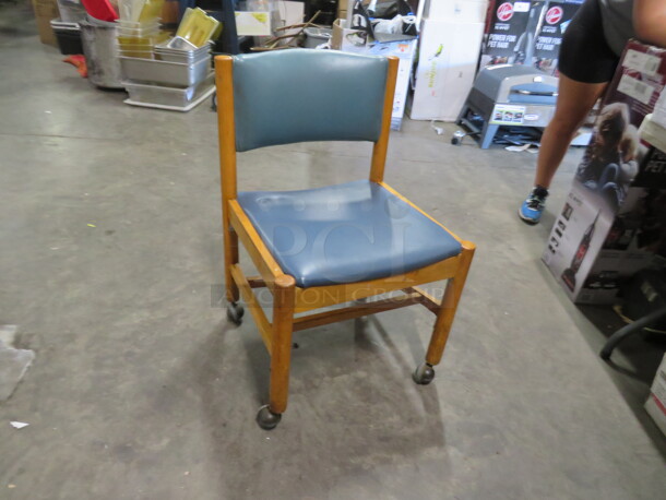 Wooden Chair With Green/Blue Cushioned Seat And Back, On Casters. 4XBID - Image 2 of 2