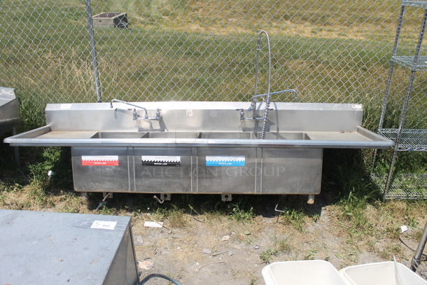 John Boos 4B182442D18 Commercial Stainless Steel 3 Bay Sink With Left And Right Drainboards, Low Lead Faucets And Pre-Rinse Faucet  - Image 1 of 11