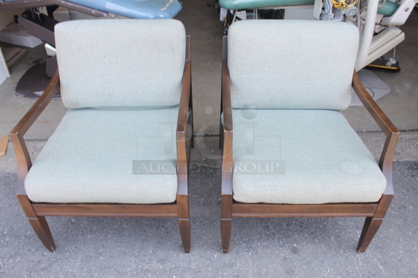2 Wooden Dining Height Chairs w/ Arm Rests and Blue Seat Cushion. 2 Times Your Bid! - Image 1 of 4