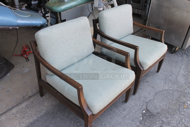 2 Wooden Dining Height Chairs w/ Arm Rests and Blue Seat Cushion. 2 Times Your Bid! - Image 2 of 4