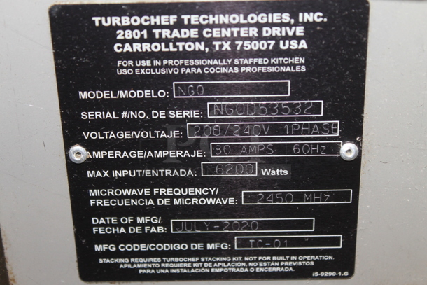2020 Turbochef NGO Metal Commercial Countertop Rapid Cook Oven. 208/240 Volts, 1 Phase.  - Image 6 of 6