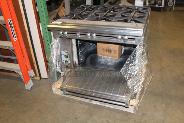 GREAT FIND! Commercial Stainless Steel Natural Gas 6 Burner Stove with Full Size Oven With Backsplash. 36x38x40. Working When Pulled!  - Image 3 of 7