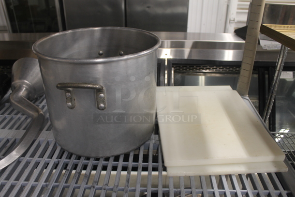 ALL ONE MONEY! Two Tier Lot of Various Metal Items Including Dough Hook Attachment for Mixer, Stock Pot and Utensils - Image 5 of 7