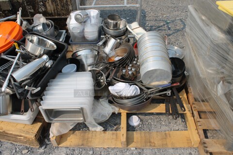ALL ONE MONEY! Lot of Frying Pans, Drop-In Bins, Cake Pans, Salt And Pepper Shakers, Small White Bowls, Whisks, Tongs, AND MORE! 