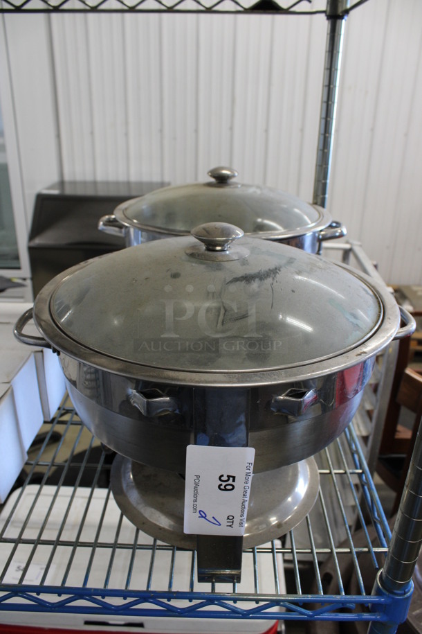 2 Metal Countertop Round Chafing Dishes w/ Bin and Glass Lids. 16x14x13. 2 Times Your Bid!