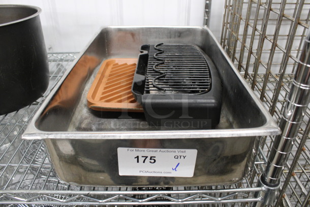 ALL ONE MONEY! Lot of Various Items Including Drip Tray w/ Grate, Metal Grill Insert in Full Size Drop In Bin!