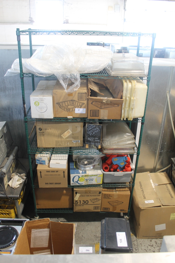 ALL ONE MONEY! Lot of Steam Table Aluminum Pans, Ketchup Squeeze Bottles, Mixing Glasses, Carafes, Foil Laminated Board Lids AND MORE! Metro Shelf Not Included - Image 1 of 6