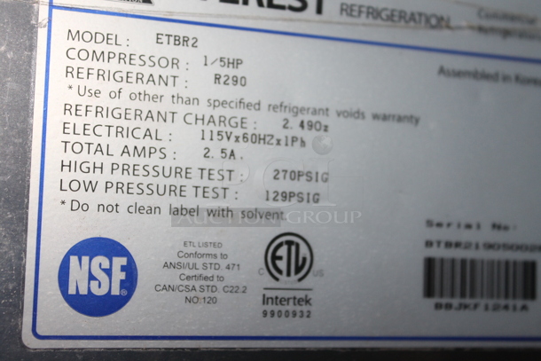 Everest ETBR2 Stainless Steel Commercial 2 Door Undercounter Cooler on Commercial Casters. 115 Volts, 1 Phase. Tested and Working! - Image 6 of 6