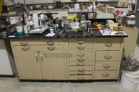 Tan Metal Counter w/ Viscometer, Doors, Drawers and Contents. BUYER MUST REMOVE.