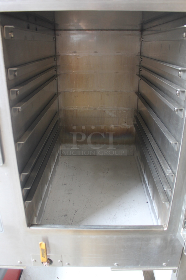 Accutemp S62083D12030250 Commercial Stainless Steel Electric Pan Cabinet Steamer With Pan Racks On Utility Cart With Undershelf and Commercial Casters. 208V, 3 Phase.  - Image 4 of 6
