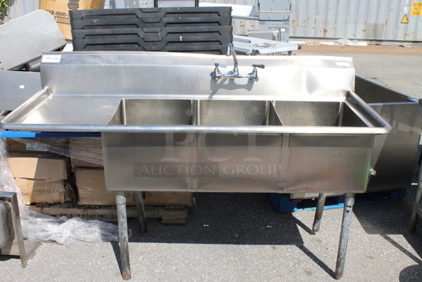 Advance Tabco Stainless Steel Commercial 3 Bay Sink w/ Left Side Drain Board, Faucet and Handles. Bays 16x20. Drain Board 16x22 - Image 1 of 4