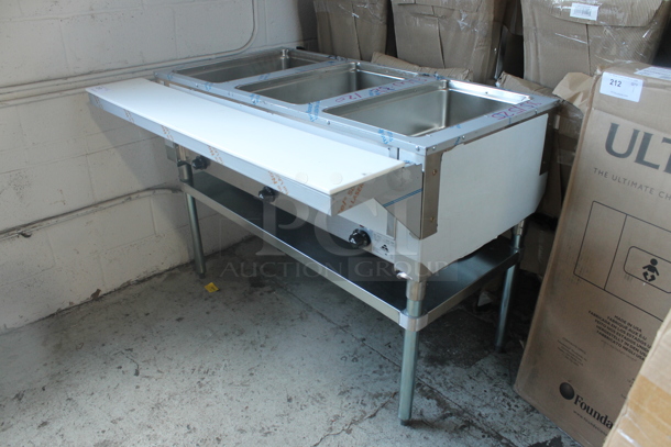 BRAND NEW SCRATCH AND DENT! Advance Tabco SW-3E-120 Stainless Steel Commercial Electric Powered 3 Bay Steam Table w/ Under Shelf. 120 Volts, 1 Phase. Tested and Working! - Image 4 of 4