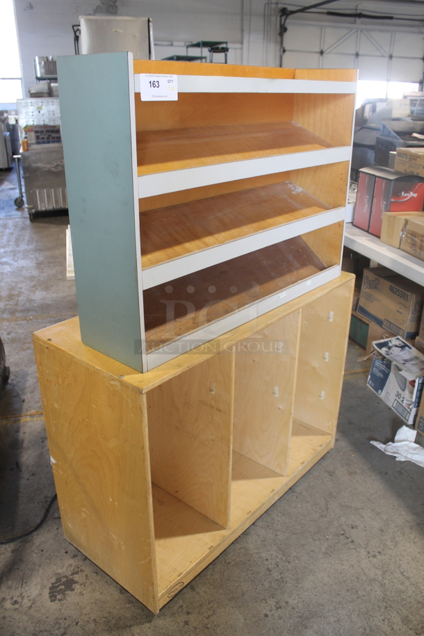 2 Piece Set Of Cabinets With Open Base, 1 Wooden, and 1 Wooden With White Trim Shelves and Blue Sides. 37x9x27 And 41x17.5x31 - Image 2 of 3