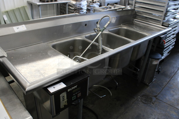 Eagle Stainless Steel Commercial 3 Bay Sink w/ Dual Drainboards, Faucet, Handles and Spray Nozzle Attachment. 90x28x43. Bays 16x20x13. Drainboards 15x23x1