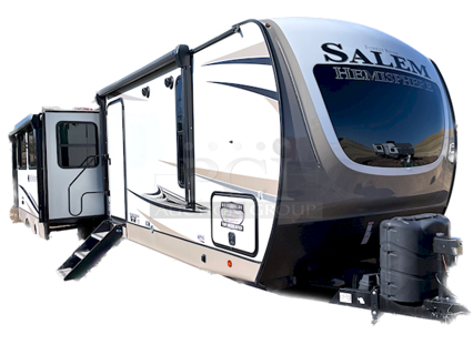 ? 2021 Forest River Salem Hemisphere 271RL-W 34ft 7in Travel Trailer With Upgraded Options Package & VIP Package. ? Includes All Original Paper Work. In LIKE NEW CONDITION minus a scratched piece of flooring on the kitchen side by the push out (see Photos).

MORE PHOTOS ON NUMBER 420 - Video on our Facebook Page: PCI Auctions West Coast
TRAVEL TRAILERS STANDARD FEATURES
• Extra Large Pass Thru Storage
• Versa Queen in Bunk Slides Standard
• European Oak colored horizontal plank linoleum Flooring
• Outside Kitchen Standard (270FKS, 273RL, 310BHI, 314BUD)
• Saddle colored wood cabinetry w/ matte black hardware
• Side-Mounted Heat Ducts
• Pantry Doors w/ Glass Inserts & Motion Sensor Pantry Lights
• Stackable Washer/Dryer Prep Std. on 270FKS, 308RL, 310BHI
• 7-Way “Rain Defense” Plug Holder (Front Frame)
• Wide Stance Axle System
• 2-Tone Painted Fiberglass Front Cap with Automotive Windshield
(N/A Windshield 308RL)
• Hidden Hinges on Cabinet Doors
• 50 Amp Service Standard
• 10 CU FT Black Refrigerator (12V)
• Laminated “Aluma Frame” Sidewalls and Floor with Block
Foam Insulation
• Heated & Enclosed Underbelly
• Radial Tires with Black-Accented Aluminum Rims
• Interior Grab Handle at Entry Door
• Shaded Pet Tether/Security Hook
• LED-Lit Theater Seating with Recliners (Most Models) • Designer’s Choice Luxury Comforter
• Exterior Bottle Opener

UPGRADED OPTIONS PACKAGE (INCLUDED)
• High Rise Faucet with Pull-Out Sprayer
• Spare Tire & Carrier
• Outside Shower
• 15,000 BTU A/C Ducted with Quick Cool
• Ivory Performance Colored Exterior Fibererglass with
Smoked Quartz Metallic Accents • Central Switch Center
• Solar Prep
• Lippert “On The Go” Ladder Prep • LP Quick Connect
• Extra Wide 30” Entrance Door
• Tri-Fold Sleeper Sofa or Theater Sofa

VIP PACKAGE (INCLUDED)
• Extra Large Max-Tint Panoramic Window Package
• 12V Heat Pads on All Holding Tanks
• Recessed Glass Stove Top Cover
• Midnight Glass Range Hood
• Midnight Glass Microwave
• Back Up Camera Prep
• Step Above Aluminum Entry Steps (Main Entry Door)
• 50” LED TV & Furrion Soundbar with FM, Bluetooth, HDMI, & USB • Stainless Steel, Single Bowl Undermount Sink with Roll Up
Sink Cover
• Power Stabilizer and Tongue Jacks
• Friction Door Hinge
• Baggage Door Magnets and Easy Pull Slam Latches
• LED Awning, Front Cap, Marker and Tail Lights
• 31” Glass Mirror Front Electric Fireplace
• Porcelain Toilet