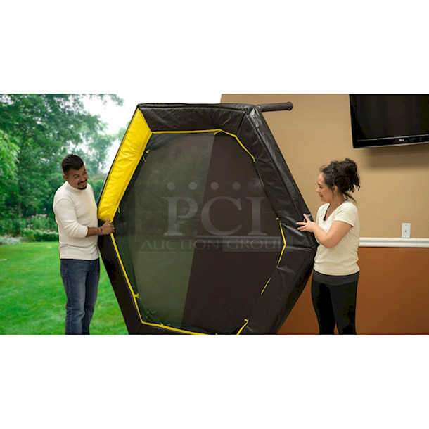 JumpKing 7.5-Foot Trampoline, with Enclosure, Black/Yellow. Jump King 7.5ft Trampoline & Enclosure System:

Enlarged door for easy entry
Patented over-under springs arrangements provide a better bounce
Unique shape and size for Indoor & Outdoor use
Can be enjoyed by either an adult or a child
User max weight: 180 lbs.
Heavy duty netting for added safety
Meets ASTM requirements                                      7-1/2ft w x 7-1/2ft d x 6.2ft h  - Image 4 of 11