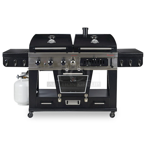 NEW IN THE BOX - FOR THE COOKOUT BOSS! Pit Boss Memphis Ultimate 4-IN-1 Combo Gas and Charcoal Grill with 1500w Electric Smoker & Offset Smoker. Total cooking area: 1,850 sq in. 74.02 x 25.00 x 48.43 