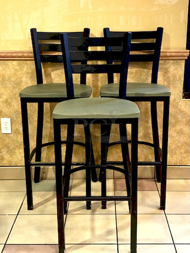 PRISTINE CONDITION! Pair of Plymold Quest Ladderback Steel Barstools with Composite Seat.

Overall Product Height	43"
Overall Product Depth	18"
Overall Product Width	16.25"
Seat Height	30"
Seat Depth	15.75"
Seat Width	16.375"

3x Your Bid - Image 3 of 6