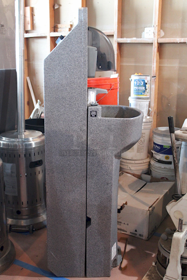 PERFECT! PolyJohn 15.5 Gallon Mobile Sink On  Heavy Duty Casters! Hands Free, Foot Pedal Activated. 18" x 20" x 62"
Unit Can Accommodate: Fresh Water Tank Capacity: 15.5 gallons, Waste Water Tank Capacity: 19 gallons, Soap Dispenser Capacity: 30 oz., Includes Paper Towel Dispenser.  - Image 8 of 12