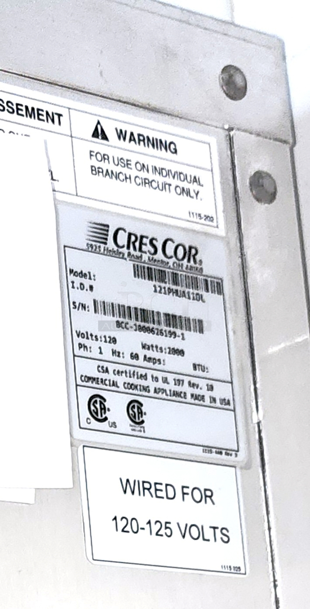 LIKE NEW!! Cres Cor 121-PH-UA-11D Proofing and Holding Cabinet - Non-Insulated, On Commercial Casters. 120 V/60 Hz/1 ph, 5-20 plug Removable Bottom Heater, Wire Universal Slides For 12" X 20" Thru 18" X 26" Pans, On 4-1/2" Centers, Adjustable On 1-1/2", Capacity (11) 18" X 26" Sheet Pans Or (22) 12" X 20" Pans. 241⁄4 in. W x 32 in. D x 693⁄4 in. H *Located In Bakersfield, CA.* *In-Person Pick-up & Shipping Available*
 - Image 2 of 3