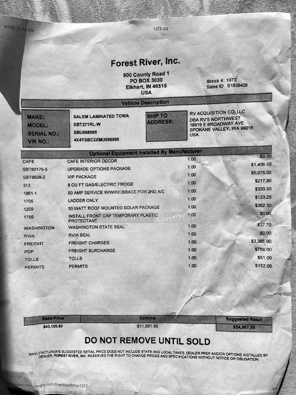 ? 2021 Forest River Salem Hemisphere 271RL-W 34ft 7in Travel Trailer With Upgraded Options Package & VIP Package. ? Includes All Original Paper Work. In LIKE NEW CONDITION minus a scratched piece of flooring on the kitchen side by the push out (see Photos).

MORE PHOTOS ON NUMBER 420 - Video on our Facebook Page: PCI Auctions West Coast
TRAVEL TRAILERS STANDARD FEATURES
• Extra Large Pass Thru Storage
• Versa Queen in Bunk Slides Standard
• European Oak colored horizontal plank linoleum Flooring
• Outside Kitchen Standard (270FKS, 273RL, 310BHI, 314BUD)
• Saddle colored wood cabinetry w/ matte black hardware
• Side-Mounted Heat Ducts
• Pantry Doors w/ Glass Inserts & Motion Sensor Pantry Lights
• Stackable Washer/Dryer Prep Std. on 270FKS, 308RL, 310BHI
• 7-Way “Rain Defense” Plug Holder (Front Frame)
• Wide Stance Axle System
• 2-Tone Painted Fiberglass Front Cap with Automotive Windshield
(N/A Windshield 308RL)
• Hidden Hinges on Cabinet Doors
• 50 Amp Service Standard
• 10 CU FT Black Refrigerator (12V)
• Laminated “Aluma Frame” Sidewalls and Floor with Block
Foam Insulation
• Heated & Enclosed Underbelly
• Radial Tires with Black-Accented Aluminum Rims
• Interior Grab Handle at Entry Door
• Shaded Pet Tether/Security Hook
• LED-Lit Theater Seating with Recliners (Most Models) • Designer’s Choice Luxury Comforter
• Exterior Bottle Opener

UPGRADED OPTIONS PACKAGE (INCLUDED)
• High Rise Faucet with Pull-Out Sprayer
• Spare Tire & Carrier
• Outside Shower
• 15,000 BTU A/C Ducted with Quick Cool
• Ivory Performance Colored Exterior Fibererglass with
Smoked Quartz Metallic Accents • Central Switch Center
• Solar Prep
• Lippert “On The Go” Ladder Prep • LP Quick Connect
• Extra Wide 30” Entrance Door
• Tri-Fold Sleeper Sofa or Theater Sofa

VIP PACKAGE (INCLUDED)
• Extra Large Max-Tint Panoramic Window Package
• 12V Heat Pads on All Holding Tanks
• Recessed Glass Stove Top Cover
• Midnight Glass Range Hood
• Midnight Glass Microwave
• Back Up Camera Prep
• Step Above Aluminum Entry Steps (Main Entry Door)
• 50” LED TV & Furrion Soundbar with FM, Bluetooth, HDMI, & USB • Stainless Steel, Single Bowl Undermount Sink with Roll Up
Sink Cover
• Power Stabilizer and Tongue Jacks
• Friction Door Hinge
• Baggage Door Magnets and Easy Pull Slam Latches
• LED Awning, Front Cap, Marker and Tail Lights
• 31” Glass Mirror Front Electric Fireplace
• Porcelain Toilet - Image 9 of 12