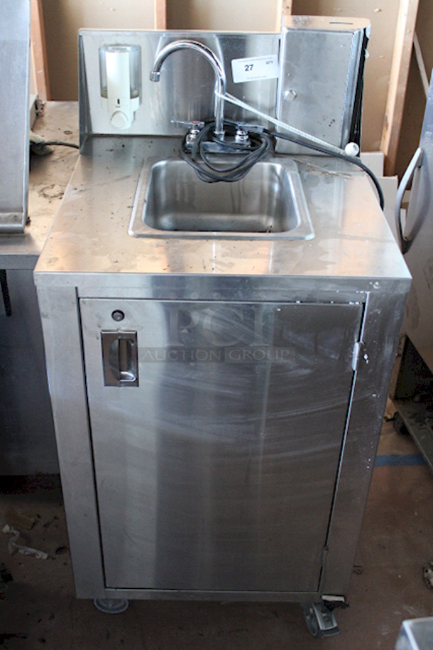 AMAZING! Crown Verity CV-PHS-4C Space Saver Single Bowl Cold Water Portable Hand Sink Cart, With Electric Pump & Hands Free Pump Saver Foot Pedal, Soap Dispenser Holder and Paper Towel Dispenser On Commercial Casters. Keys Not Included. 120v 25x24-1/4x47-3/4	 - Image 1 of 9