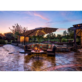 SimplyShade 11-ft 42-LED Light Cantilever Umbrella with Base, Solar/AC Powered. Color: Greige. Includes: 120 volt AC Adapter Cord. 360-Degree pivoting Hub W/ Foot Pedal To Swing Canopy Horizontally. 11-ft x 11-ft x 8.32-ft