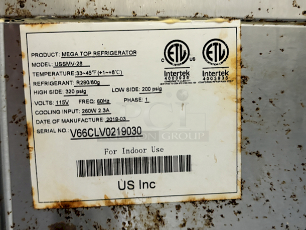 CERTIFIED WORKING! US Refrigeration USSMV-28 Mega Top Refrigerator Stocked Full Of 1/6 Pans. On Commerical Casters. Gets Down To & Holds Temperature Between 33-45* F. 115v. 28x37x48 - Image 5 of 8